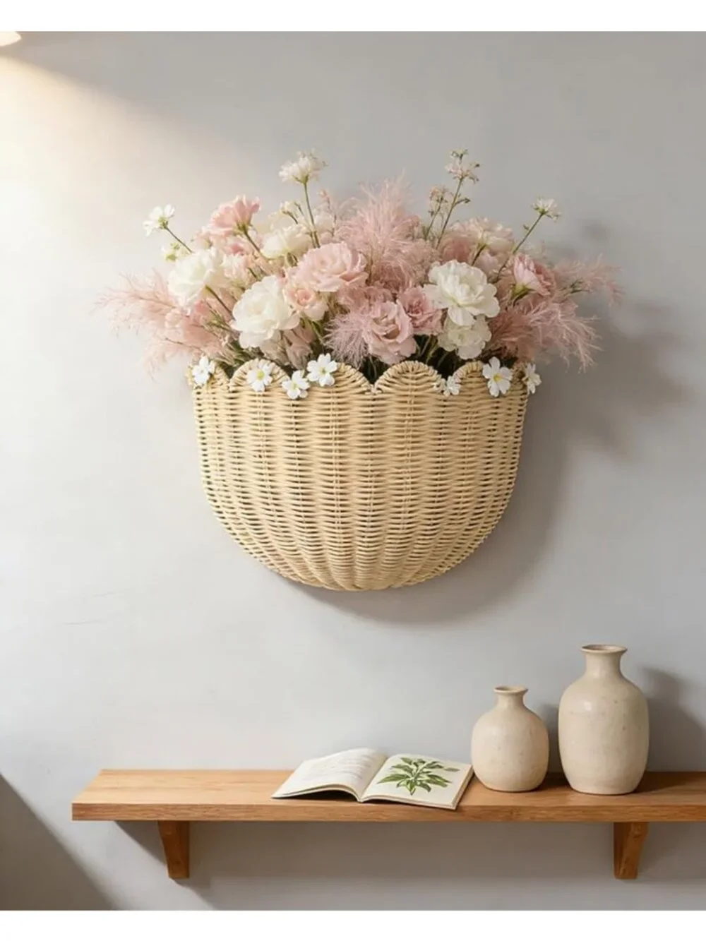 Set of 2 Scalloped Wicker Wall Baskets with Hooks for Home Decor Storage